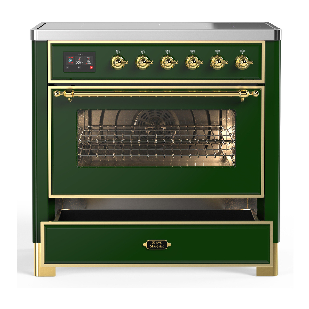 ILVE UMIB36NR3EGG Majestic III 36 inch Induction Range with 6 Elements, 3.5 cu. ft. Total Oven Capacity (Triple Glass Door, Emerald Green, Brass) 3 ILVE-UMIB36NR3EGG-Drawer Open View