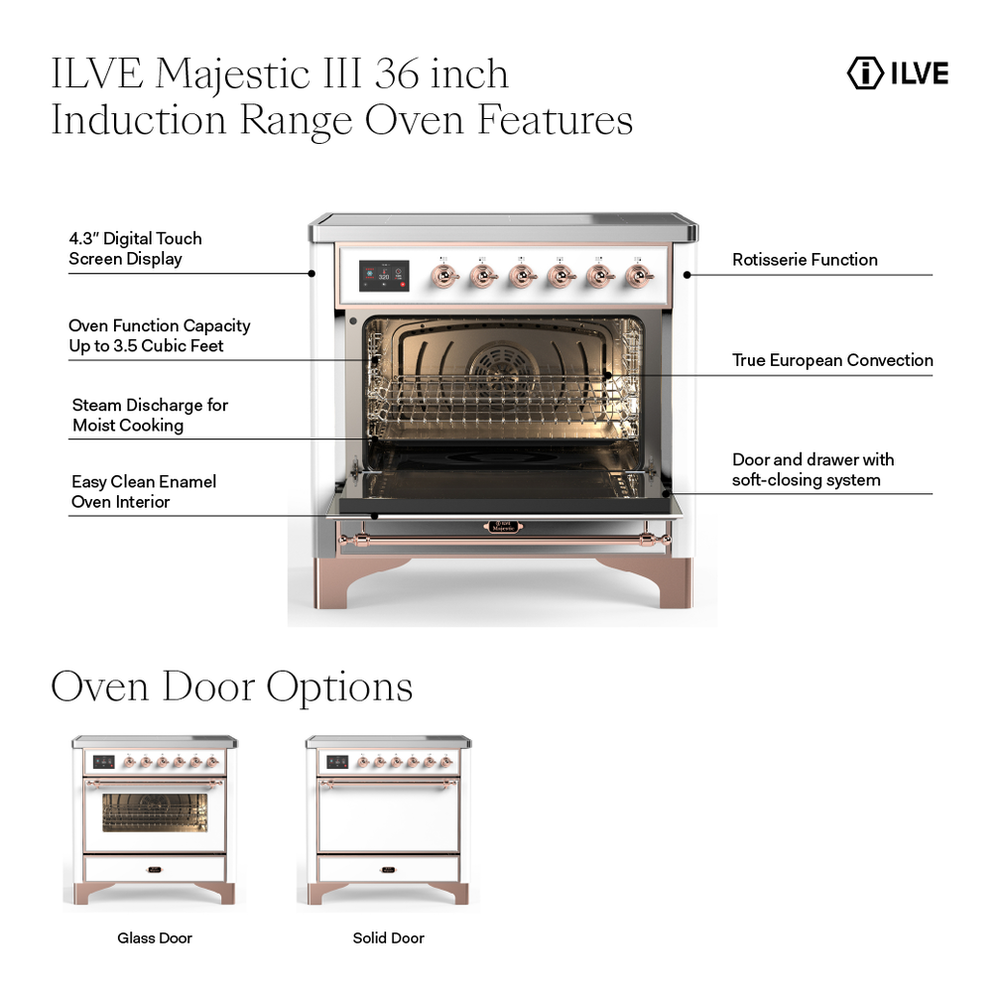 ILVE UMIB36NR3EGG Majestic III 36 inch Induction Range with 6 Elements, 3.5 cu. ft. Total Oven Capacity (Triple Glass Door, Emerald Green, Brass) 3 ILVE UMIB36N Majestic III 36 inch Induction Range with 6 Elements, 3.5 cu. ft. Total Oven Capacity