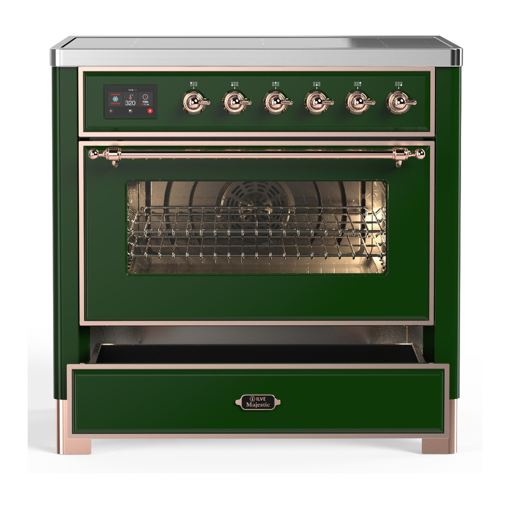 ILVE UMIB36NR3EGP Majestic III 36 inch Induction Range with 6 Elements, 3.5 cu. ft. Total Oven Capacity (Triple Glass Door, Emerald Green, Copper) 3 ILVE-UMIB36NR3EGP-Drawer Open View