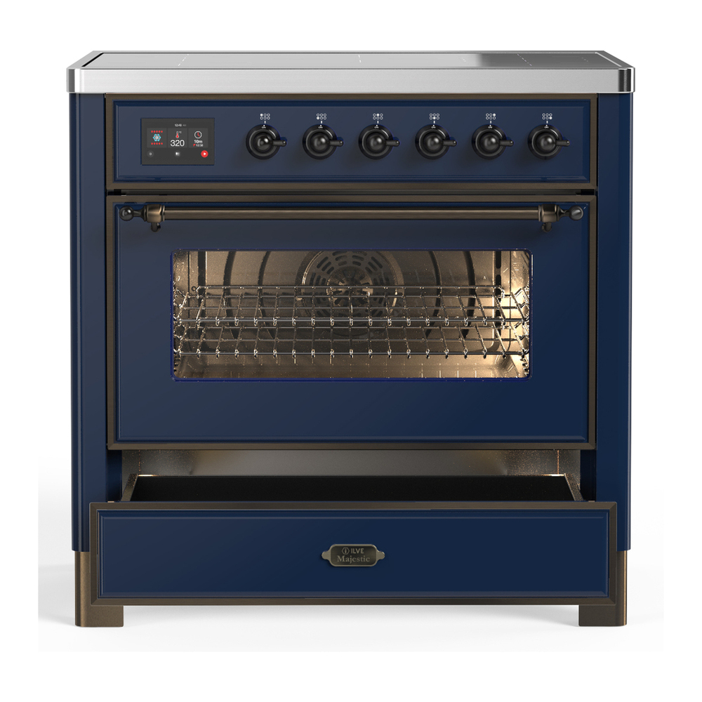ILVE UMIB36NR3MBB Majestic III 36 inch Induction Range with 6 Elements, 3.5 cu. ft. Total Oven Capacity (Triple Glass Door, Midnight Blue, Burnished) 3 ILVE-UMIB36NR3MBB-Drawer Open View