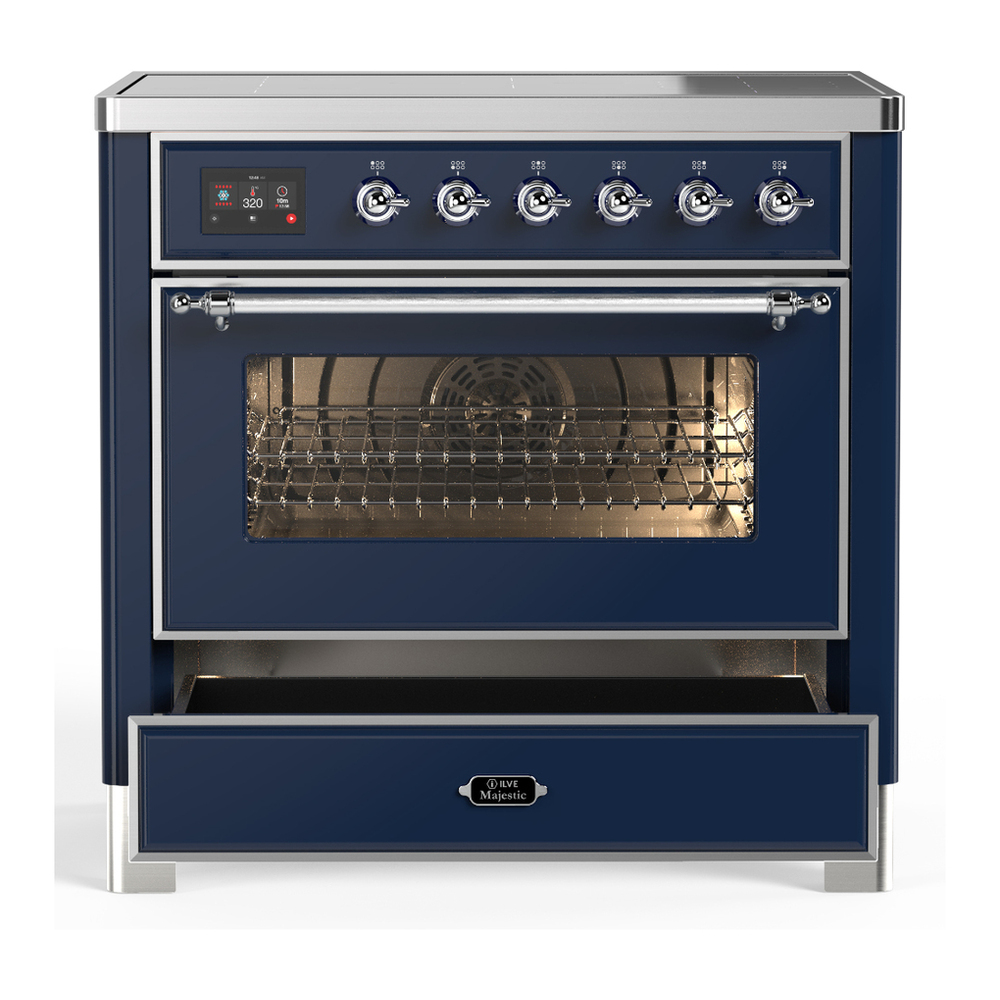ILVE UMIB36NR3MBC Majestic III 36 inch Induction Range with 6 Elements, 3.5 cu. ft. Total Oven Capacity (Triple Glass Door, Midnight Blue, Chrome) 3 ILVE-UMIB36NR3MBC-Drawer Open View