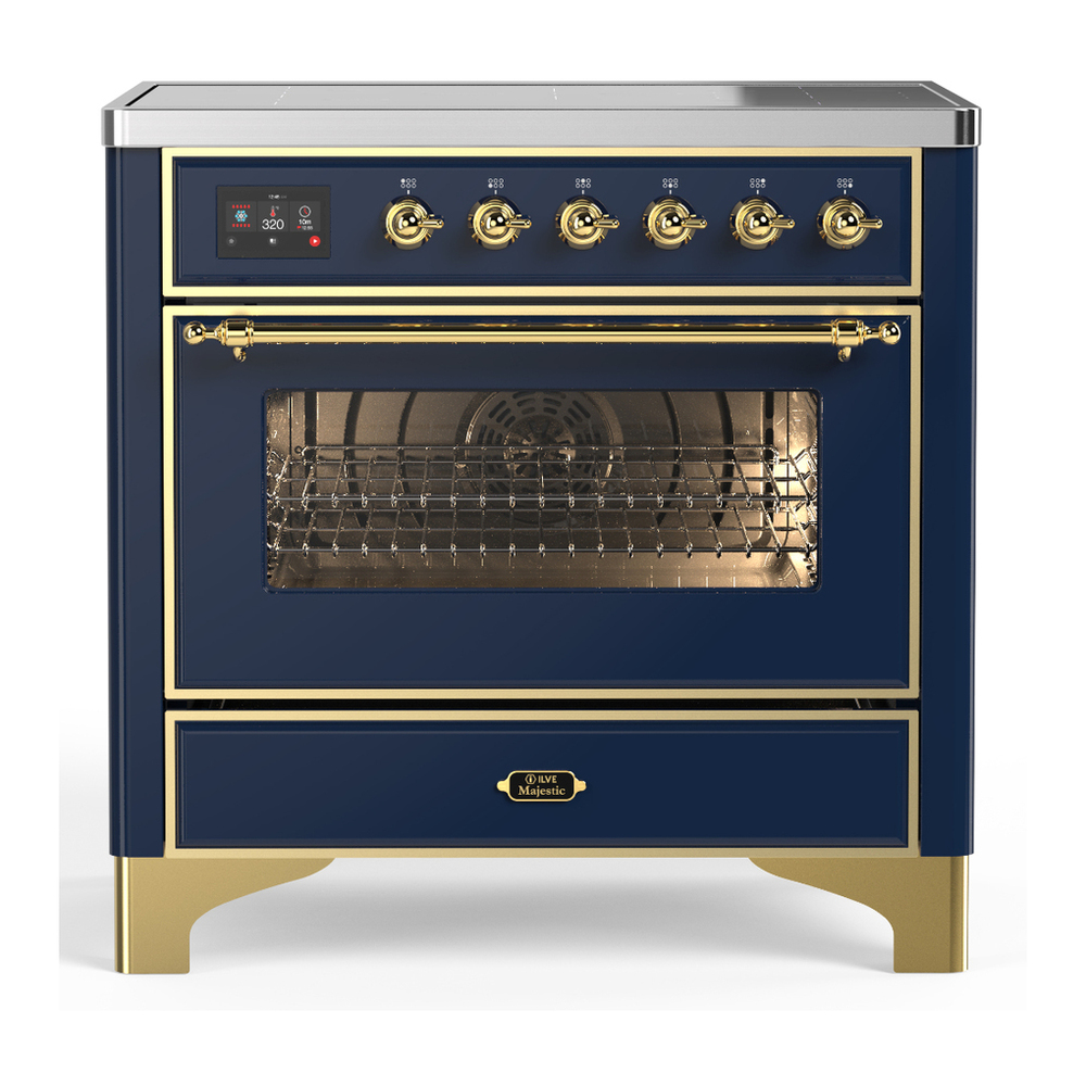 ILVE UMIB36NR3MBG Majestic III 36 inch Induction Range with 6 Elements, 3.5 cu. ft. Total Oven Capacity (Triple Glass Door, Midnight Blue, Brass) 1 UMIB36NR3MBG