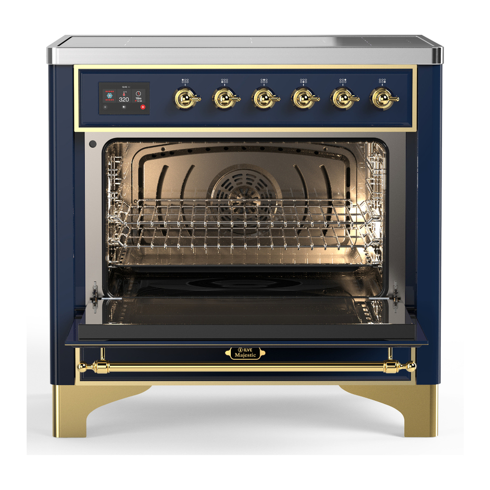 ILVE UMIB36NR3MBG Majestic III 36 inch Induction Range with 6 Elements, 3.5 cu. ft. Total Oven Capacity (Triple Glass Door, Midnight Blue, Brass) 2 ILVE-UMIB36NR3MBG-Open Door View
