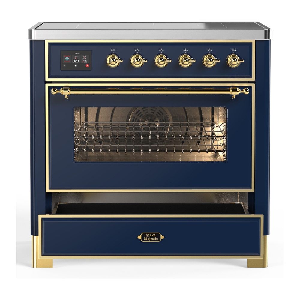 ILVE UMIB36NR3MBG Majestic III 36 inch Induction Range with 6 Elements, 3.5 cu. ft. Total Oven Capacity (Triple Glass Door, Midnight Blue, Brass) 3 ILVE-UMIB36NR3MBG-Drawer Open View