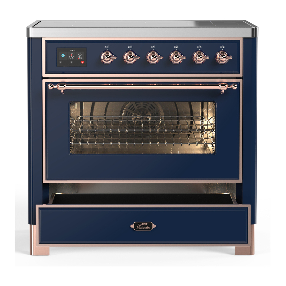 ILVE UMIB36NR3MBP Majestic III 36 inch Induction Range with 6 Elements, 3.5 cu. ft. Total Oven Capacity (Triple Glass Door, Midnight Blue, Copper) 3 ILVE-UMIB36NR3MBP-Drawer Open View