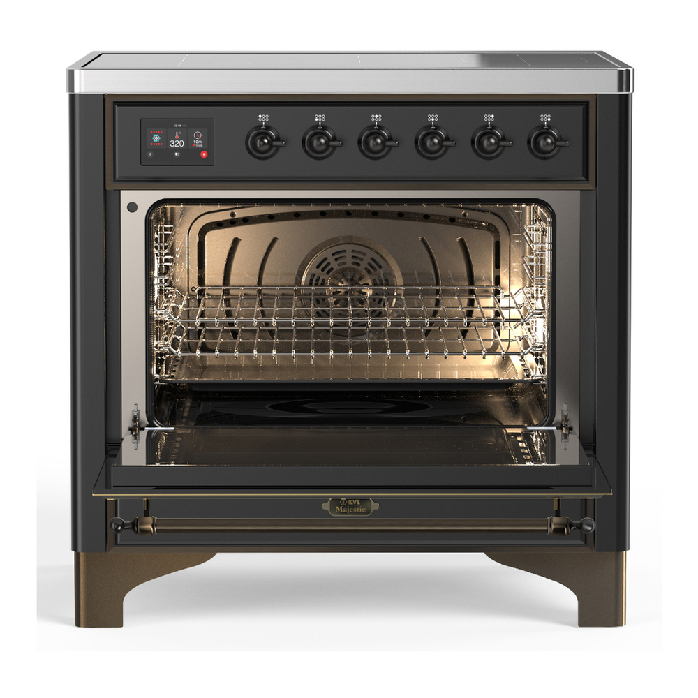 ILVE UMIB36NR3MGB Majestic III 36 inch Induction Range with 6 Elements, 3.5 cu. ft. Total Oven Capacity (Triple Glass Door, Graphite Matte, Burnished) 2 ILVE-UMIB36NR3MGB-Open Door View