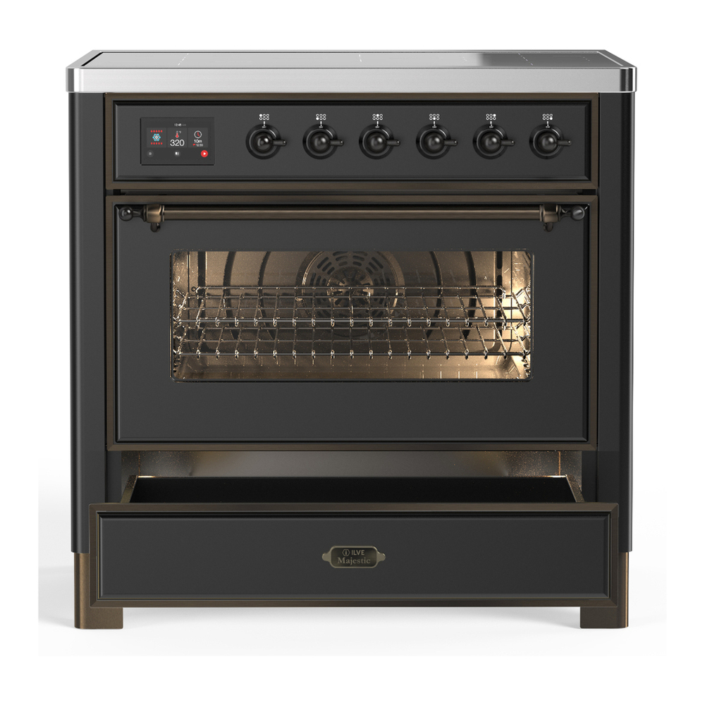 ILVE UMIB36NR3MGB Majestic III 36 inch Induction Range with 6 Elements, 3.5 cu. ft. Total Oven Capacity (Triple Glass Door, Graphite Matte, Burnished) 3 ILVE-UMIB36NR3MGB-Drawer Open View