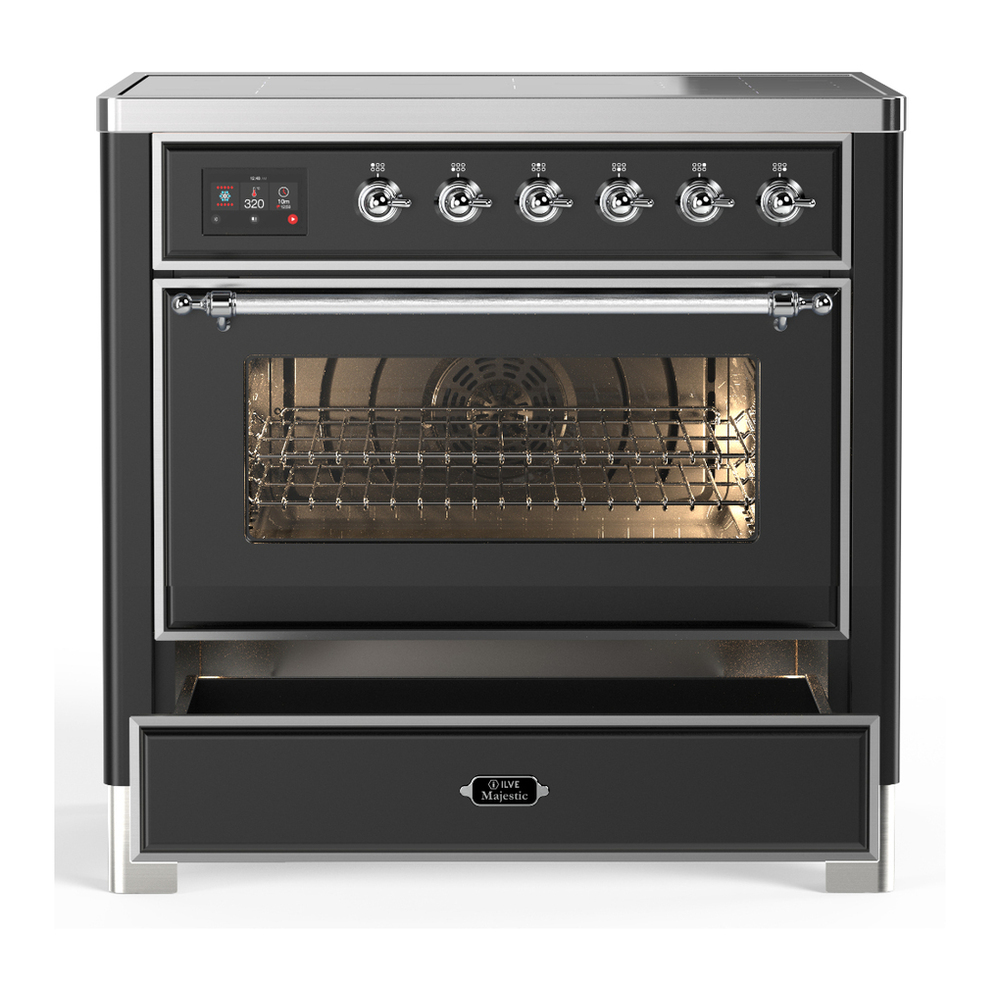 ILVE UMIB36NR3MGC Majestic III 36 inch Induction Range with 6 Elements, 3.5 cu. ft. Total Oven Capacity (Triple Glass Door, Graphite Matte, Chrome) 3 ILVE-UMIB36NR3MGC-Drawer Open View