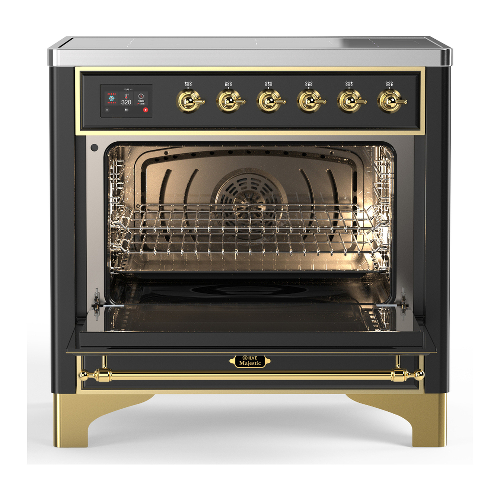 ILVE UMIB36NR3MGG Majestic III 36 inch Induction Range with 6 Elements, 3.5 cu. ft. Total Oven Capacity (Triple Glass Door, Graphite Matte, Brass) 2 ILVE-UMIB36NR3MGG-Open Door View