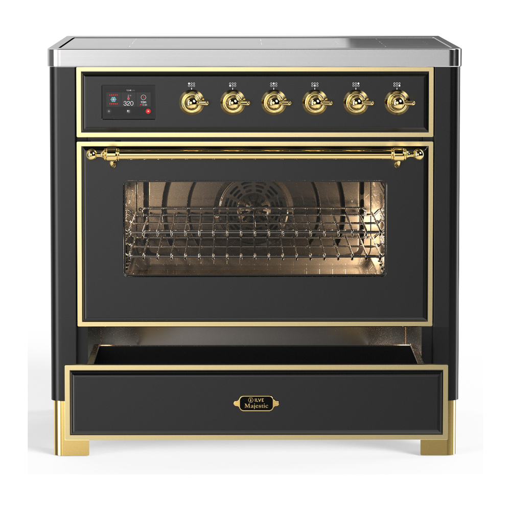 ILVE UMIB36NR3MGG Majestic III 36 inch Induction Range with 6 Elements, 3.5 cu. ft. Total Oven Capacity (Triple Glass Door, Graphite Matte, Brass) 3 ILVE-UMIB36NR3MGG-Drawer Open View