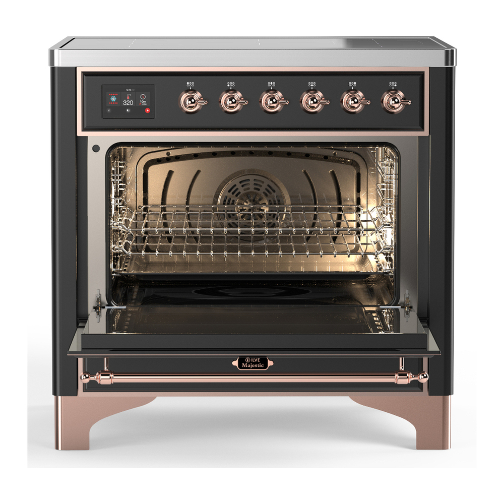 ILVE UMIB36NR3MGP Majestic III 36 inch Induction Range with 6 Elements, 3.5 cu. ft. Total Oven Capacity (Triple Glass Door, Graphite Matte, Copper) 2 ILVE-UMIB36NR3MGP-Open Door View