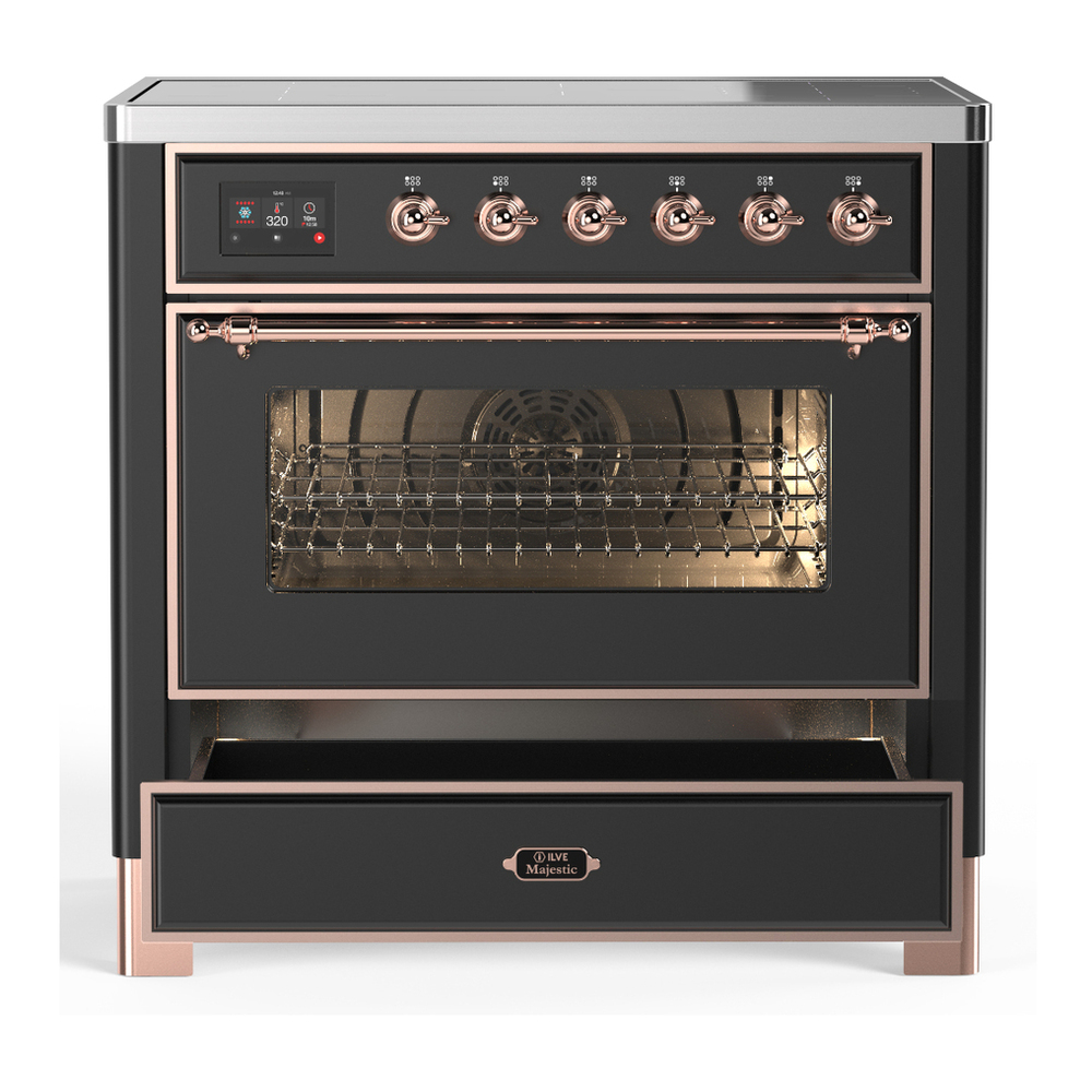 ILVE UMIB36NR3MGP Majestic III 36 inch Induction Range with 6 Elements, 3.5 cu. ft. Total Oven Capacity (Triple Glass Door, Graphite Matte, Copper) 3 ILVE-UMIB36NR3MGP-Drawer Open View