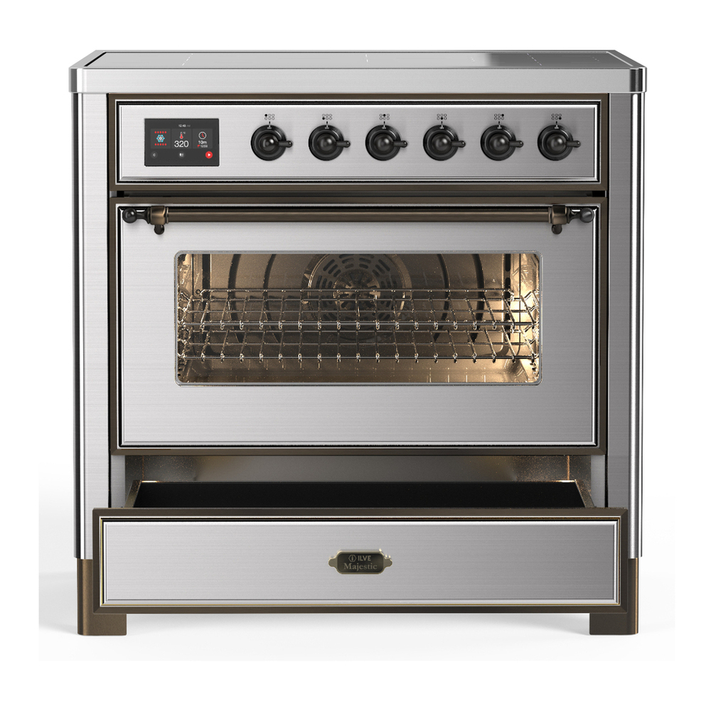 ILVE UMIB36NR3SSB Majestic III 36 inch Induction Range with 6 Elements, 3.5 cu. ft. Total Oven Capacity (Triple Glass Door, Stainless Steel, Burnished) 3 ILVE-UMIB36NR3SSB-Drawer Open View