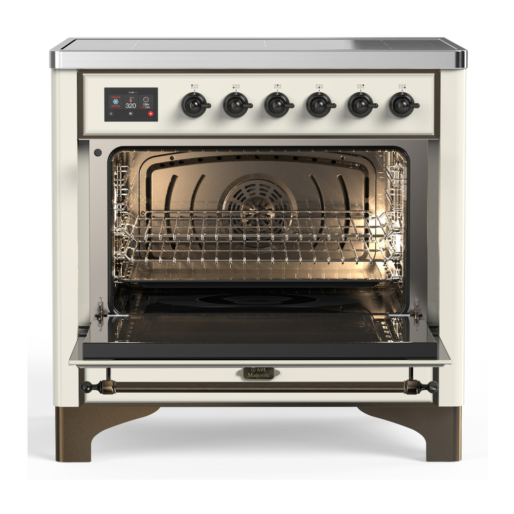 ILVE UMIB36QNR3AWB Majestic III 36 inch Induction Range with 6 Elements, 3.5 cu. ft. Total Oven Capacity (Solid Door, Antique White, Burnished) 2 ILVE-UMIB36QNR3AWB-Open Door View