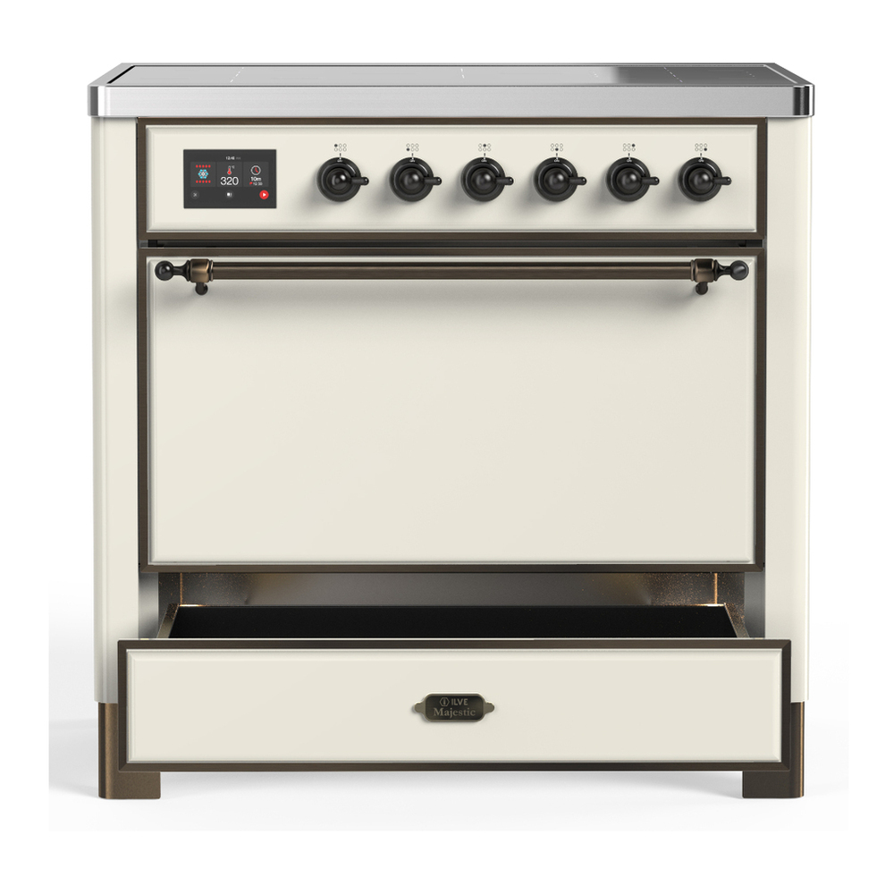 ILVE UMIB36QNR3AWB Majestic III 36 inch Induction Range with 6 Elements, 3.5 cu. ft. Total Oven Capacity (Solid Door, Antique White, Burnished) 3 ILVE-UMIB36QNR3AWB-Drawer Open View