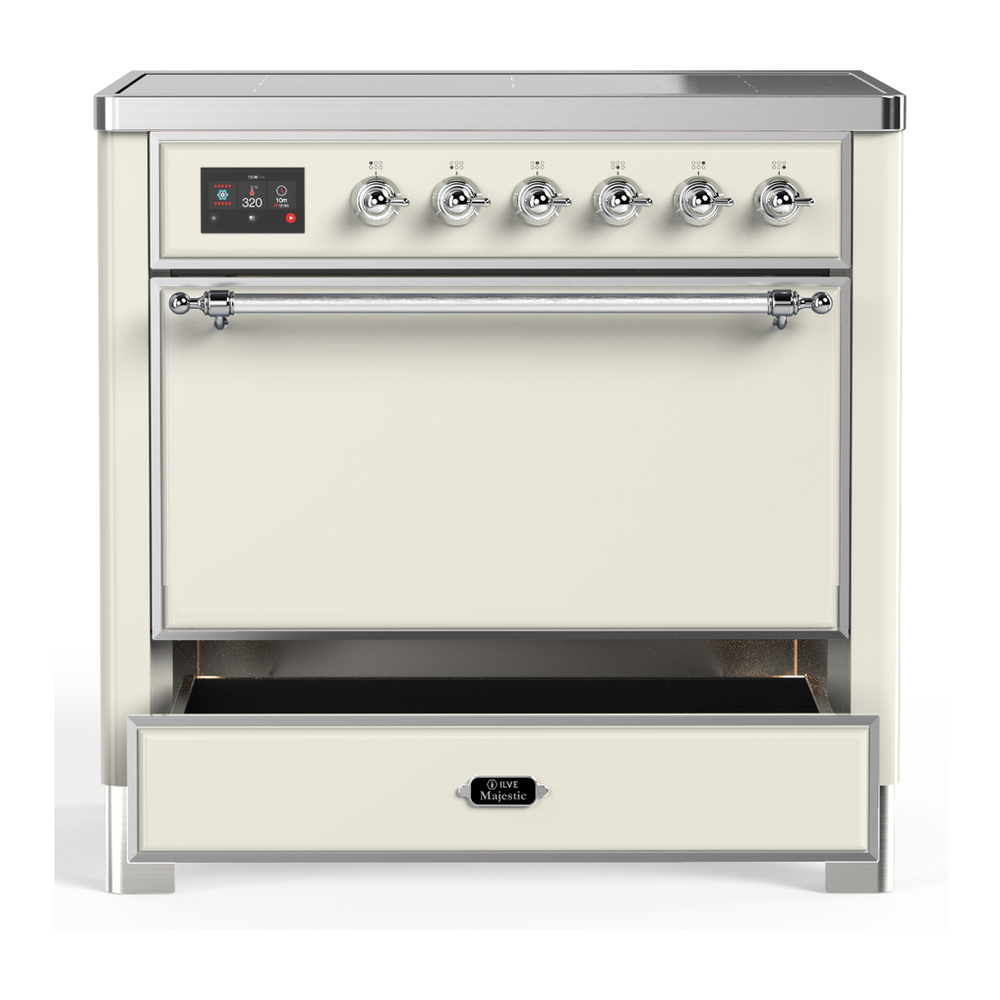 ILVE UMIB36QNR3AWC Majestic III 36 inch Induction Range with 6 Elements, 3.5 cu. ft. Total Oven Capacity (Solid Door, Antique White, Chrome) 3 ILVE-UMIB36QNR3AWC-Drawer Open View
