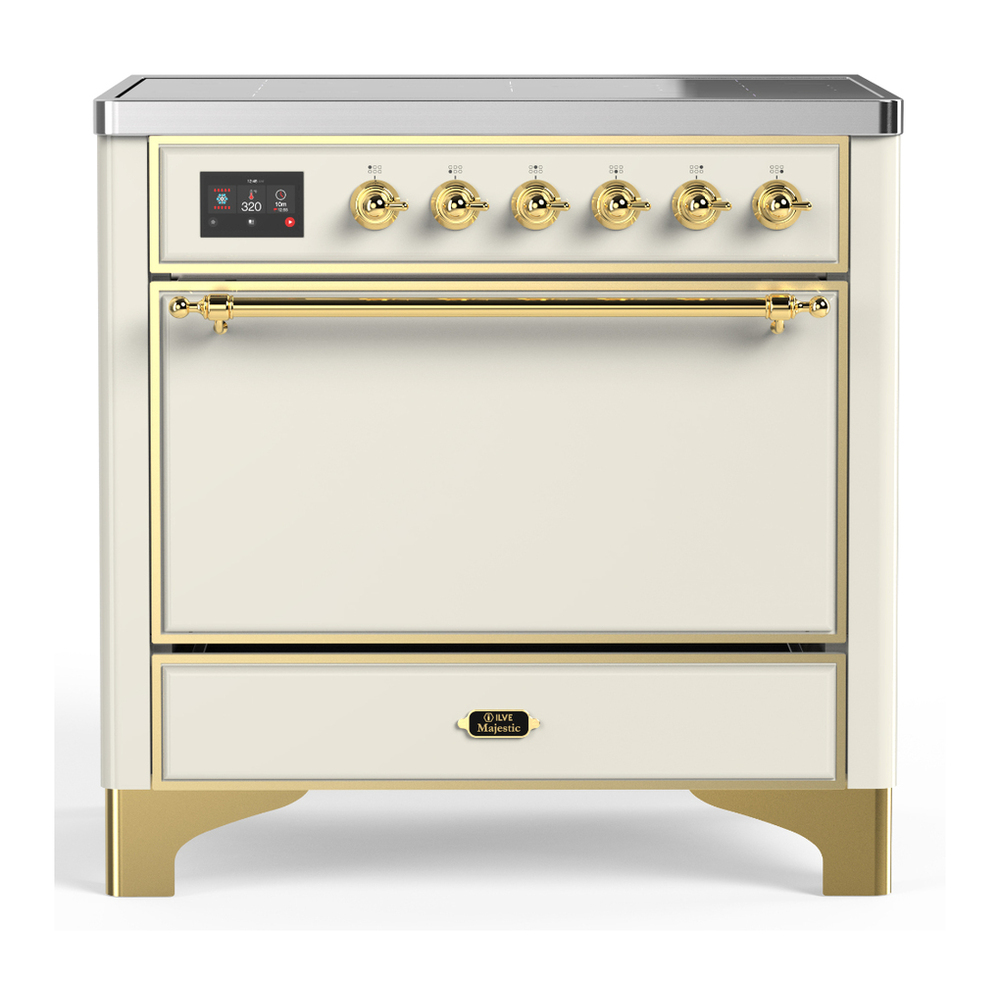 ILVE UMIB36QNR3AWG Majestic III 36 inch Induction Range with 6 Elements, 3.5 cu. ft. Total Oven Capacity (Solid Door, Antique White, Brass) 1 UMIB36QNR3AWG