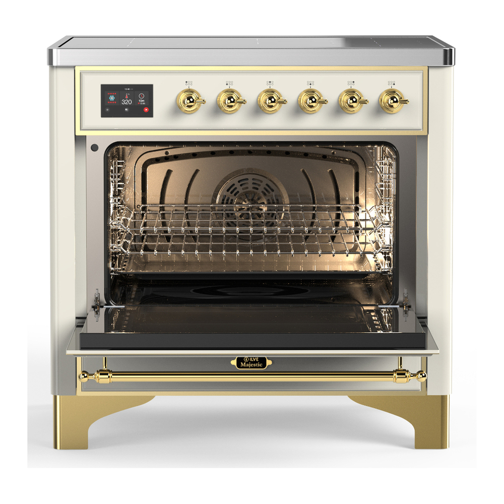 ILVE UMIB36QNR3AWG Majestic III 36 inch Induction Range with 6 Elements, 3.5 cu. ft. Total Oven Capacity (Solid Door, Antique White, Brass) 2 ILVE-UMIB36QNR3AWG-Open Door View