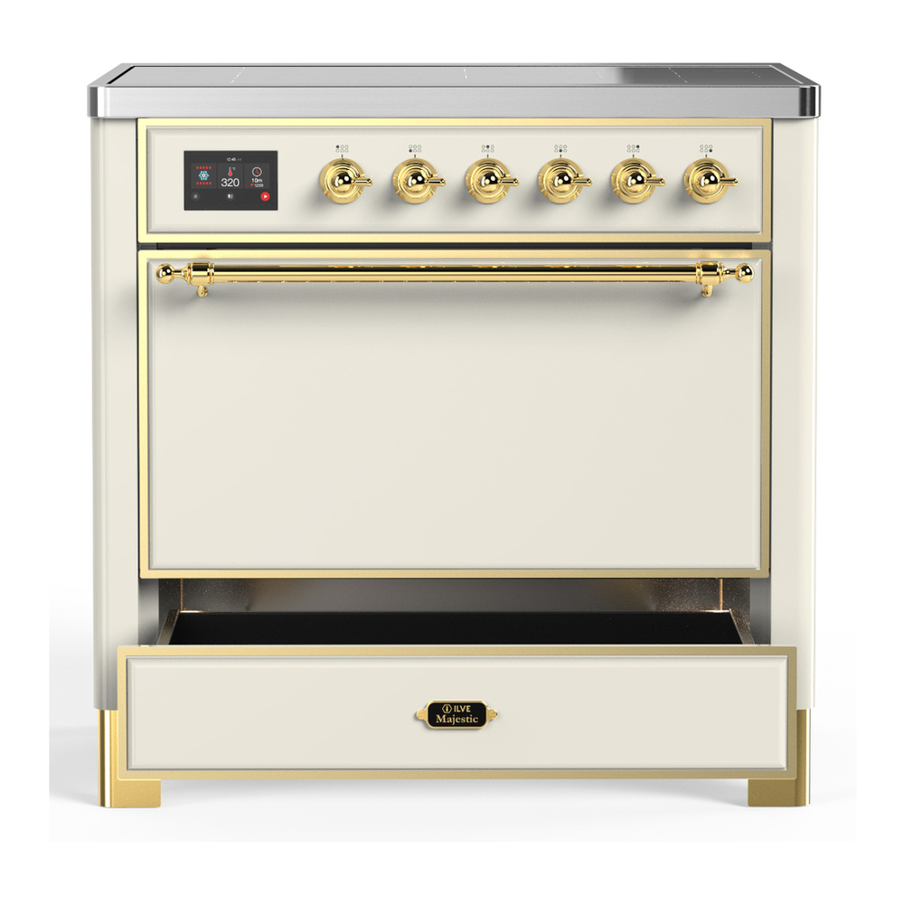ILVE UMIB36QNR3AWG Majestic III 36 inch Induction Range with 6 Elements, 3.5 cu. ft. Total Oven Capacity (Solid Door, Antique White, Brass) 3 ILVE-UMIB36QNR3AWG-Drawer Open View