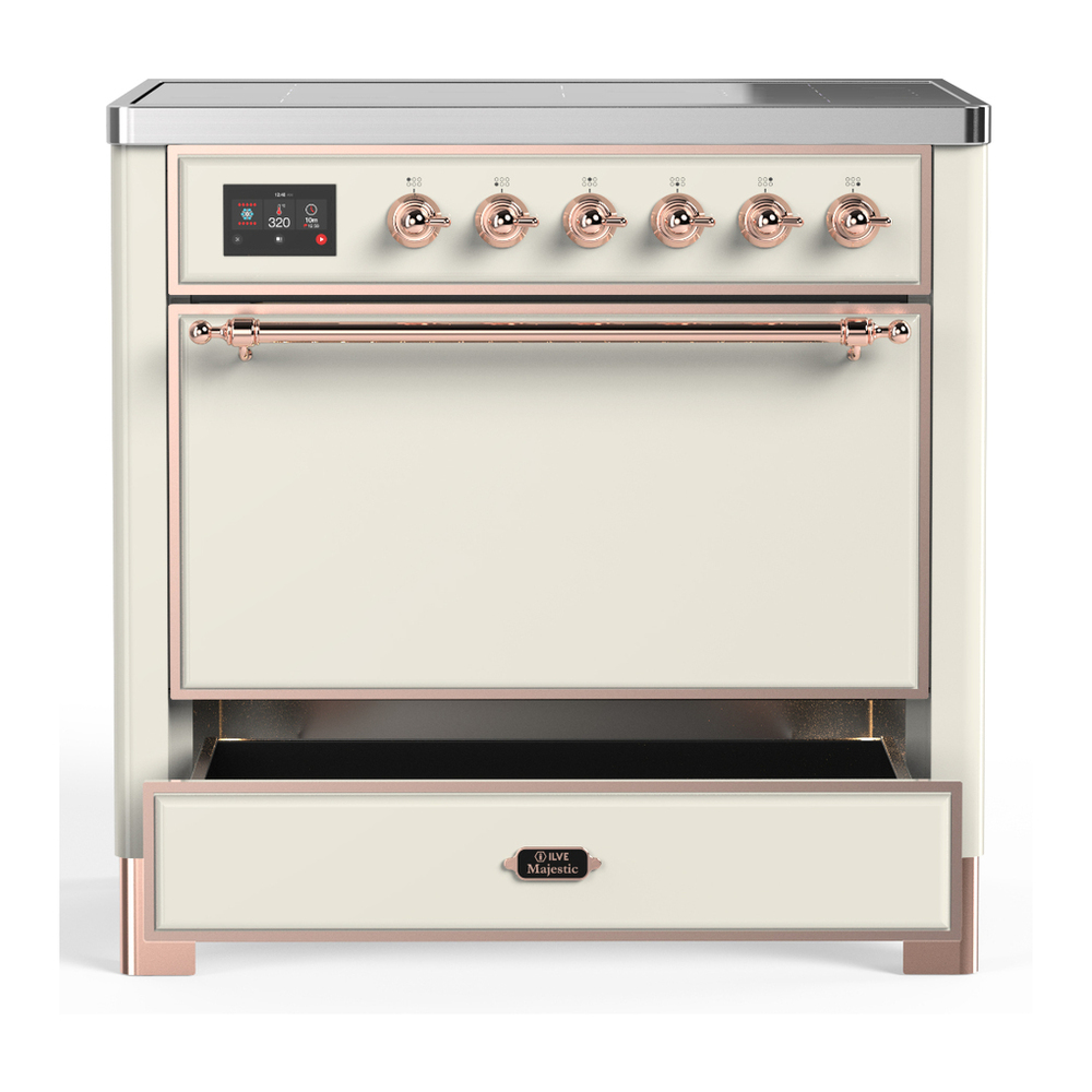 ILVE UMIB36QNR3AWP Majestic III 36 inch Induction Range with 6 Elements, 3.5 cu. ft. Total Oven Capacity (Solid Door, Antique White, Copper) 3 ILVE-UMIB36QNR3AWP-Drawer Open View