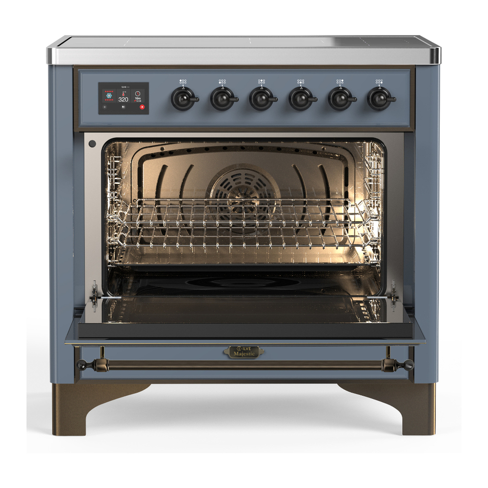 ILVE UMIB36QNR3BGB Majestic III 36 inch Induction Range with 6 Elements, 3.5 cu. ft. Total Oven Capacity (Solid Door, Blue Grey, Burnished) 2 ILVE-UMIB36QNR3BGB-Open Door View