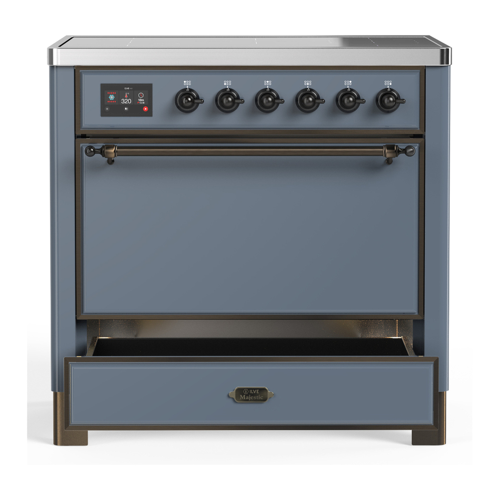 ILVE UMIB36QNR3BGB Majestic III 36 inch Induction Range with 6 Elements, 3.5 cu. ft. Total Oven Capacity (Solid Door, Blue Grey, Burnished) 3 ILVE-UMIB36QNR3BGB-Drawer Open View