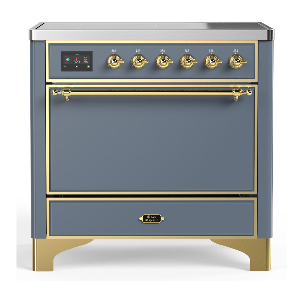 ILVE UMIB36QNR3BGG Majestic III 36 inch Induction Range with 6 Elements, 3.5 cu. ft. Total Oven Capacity (Solid Door, Blue Grey, Brass) 1 UMIB36QNR3BGG
