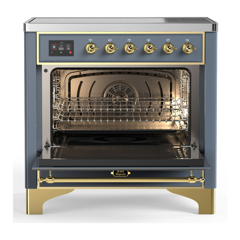 ILVE UMIB36QNR3BGG Majestic III 36 inch Induction Range with 6 Elements, 3.5 cu. ft. Total Oven Capacity (Solid Door, Blue Grey, Brass) 2 ILVE-UMIB36QNR3BGG-Open Door View