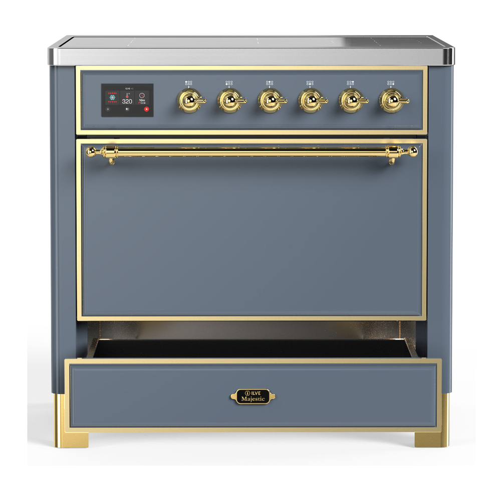 ILVE UMIB36QNR3BGG Majestic III 36 inch Induction Range with 6 Elements, 3.5 cu. ft. Total Oven Capacity (Solid Door, Blue Grey, Brass) 3 ILVE-UMIB36QNR3BGG-Drawer Open View