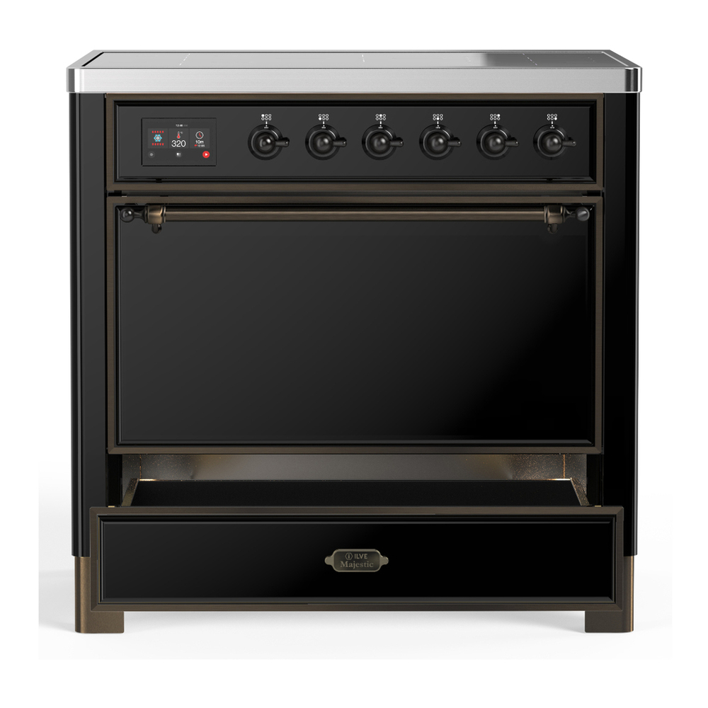 ILVE UMIB36QNR3BKB Majestic III 36 inch Induction Range with 6 Elements, 3.5 cu. ft. Total Oven Capacity (Solid Door, Glossy Black, Burnished) 3 ILVE-UMIB36QNR3BKB-Drawer Open View