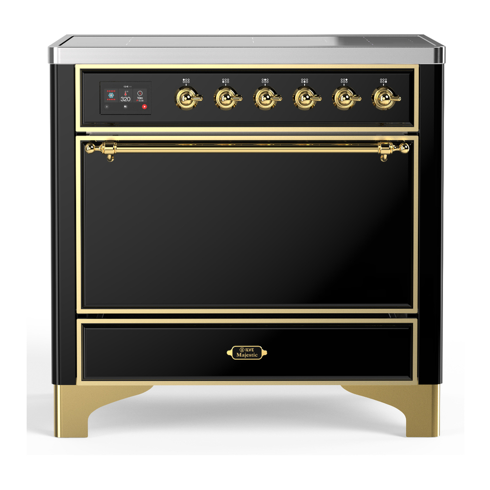 ILVE UMIB36QNR3BKG Majestic III 36 inch Induction Range with 6 Elements, 3.5 cu. ft. Total Oven Capacity (Solid Door, Glossy Black, Brass) 1 UMIB36QNR3BKG