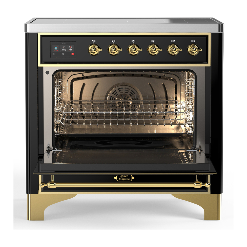 ILVE UMIB36QNR3BKG Majestic III 36 inch Induction Range with 6 Elements, 3.5 cu. ft. Total Oven Capacity (Solid Door, Glossy Black, Brass) 2 ILVE-UMIB36QNR3BKG-Open Door View