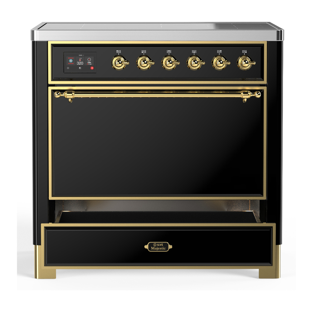 ILVE UMIB36QNR3BKG Majestic III 36 inch Induction Range with 6 Elements, 3.5 cu. ft. Total Oven Capacity (Solid Door, Glossy Black, Brass) 3 ILVE-UMIB36QNR3BKG-Open Door View