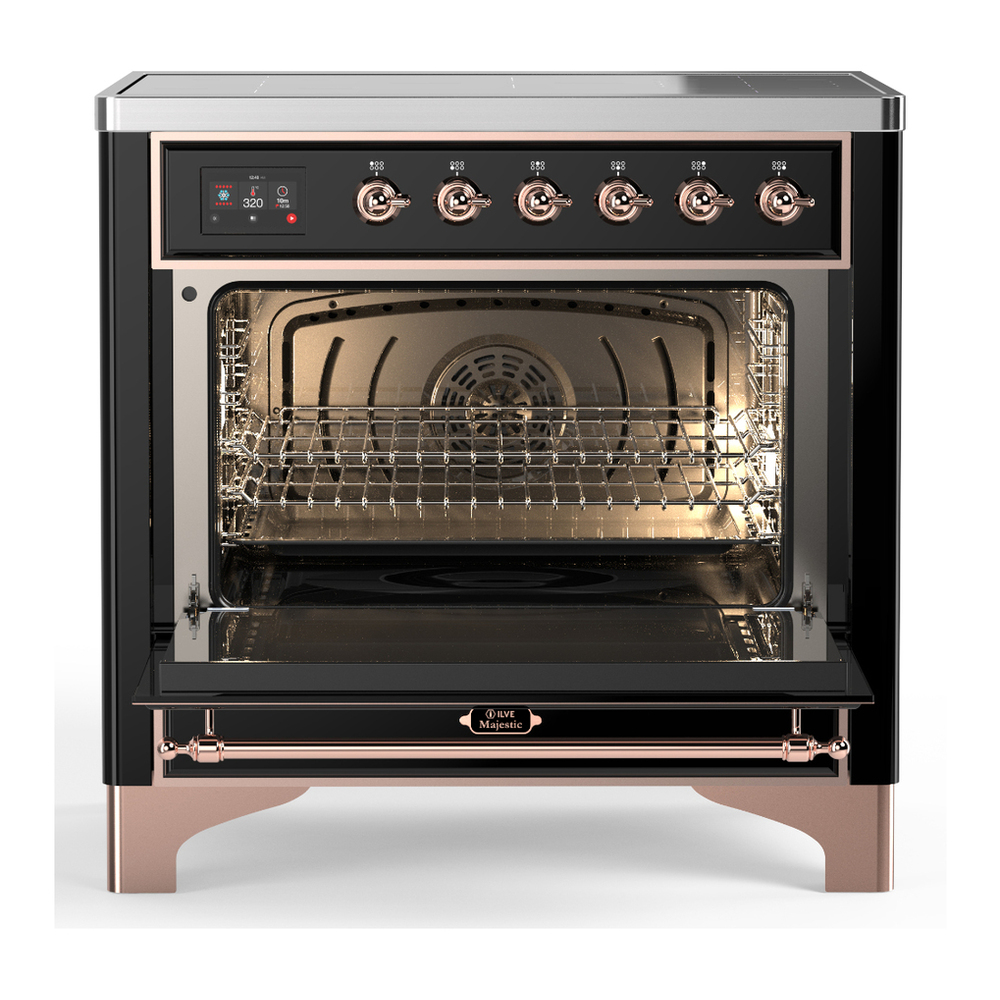 ILVE UMIB36QNR3BKP Majestic III 36 inch Induction Range with 6 Elements, 3.5 cu. ft. Total Oven Capacity (Solid Door, Glossy Black, Copper) 2 ILVE-UMIB36QNR3BKP-Open Door View