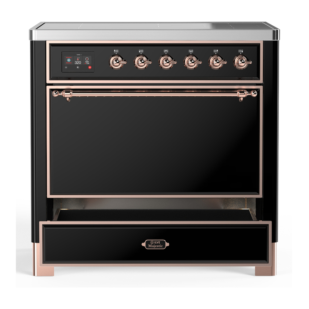 ILVE UMIB36QNR3BKP Majestic III 36 inch Induction Range with 6 Elements, 3.5 cu. ft. Total Oven Capacity (Solid Door, Glossy Black, Copper) 3 ILVE-UMIB36QNR3BKP-Drawer Open View