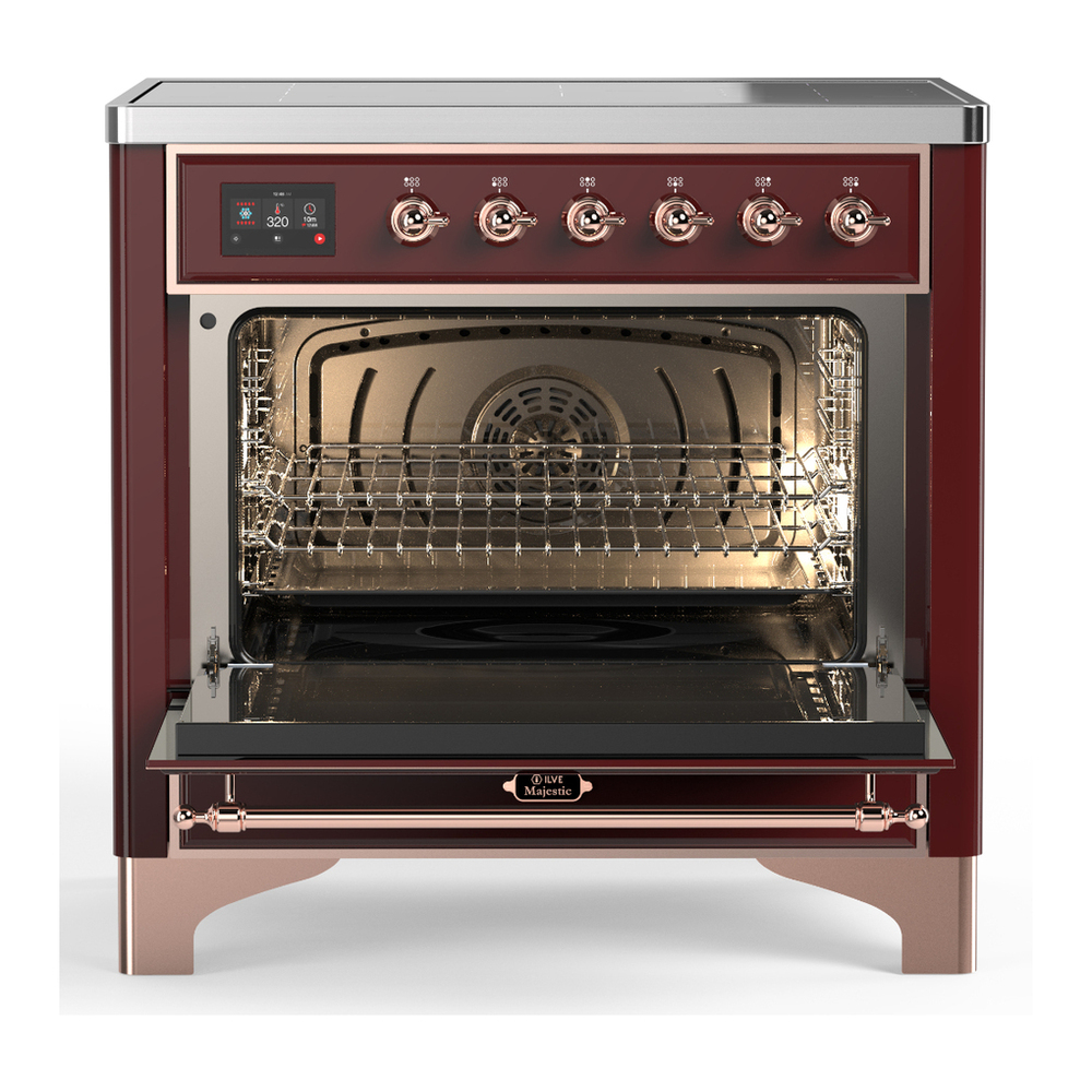 ILVE UMIB36QNR3BUP Majestic III 36 inch Induction Range with 6 Elements, 3.5 cu. ft. Total Oven Capacity (Solid Door, Burgundy, Copper) 2 ILVE-UMIB36QNR3BUP-Open Door View