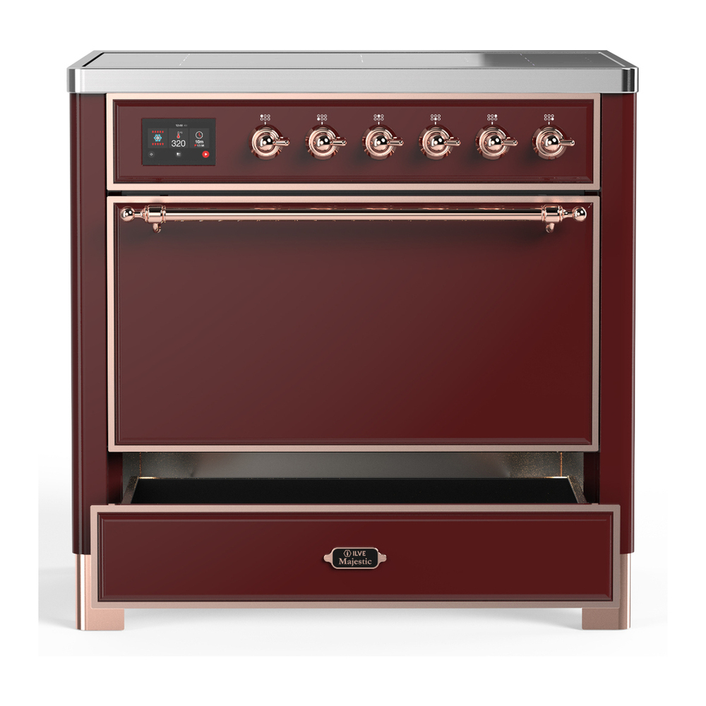 ILVE UMIB36QNR3BUP Majestic III 36 inch Induction Range with 6 Elements, 3.5 cu. ft. Total Oven Capacity (Solid Door, Burgundy, Copper) 3 ILVE-UMIB36QNR3BUP-Drawer Open View