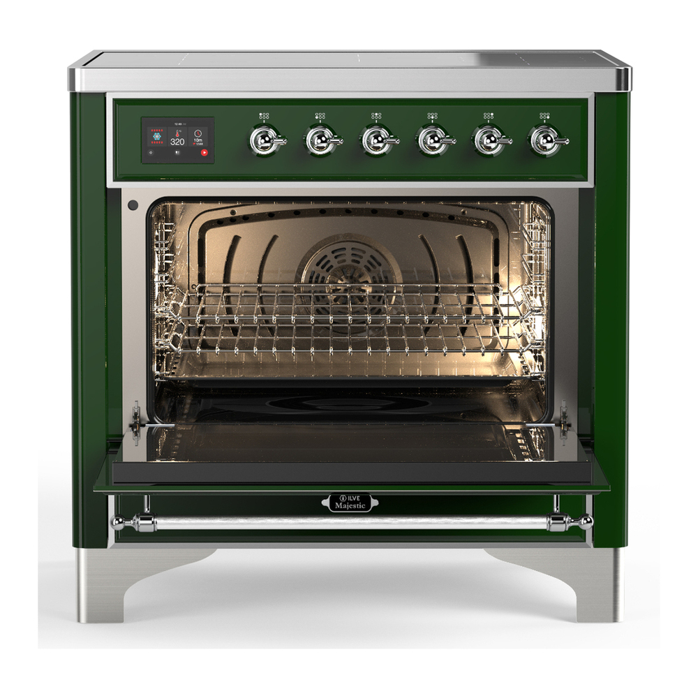 ILVE UMIB36QNR3EGC Majestic III 36 inch Induction Range with 6 Elements, 3.5 cu. ft. Total Oven Capacity (Solid Door, Emerald Green, Chrome) 2 ILVE-UMIB36QNR3EGC-Open Door View