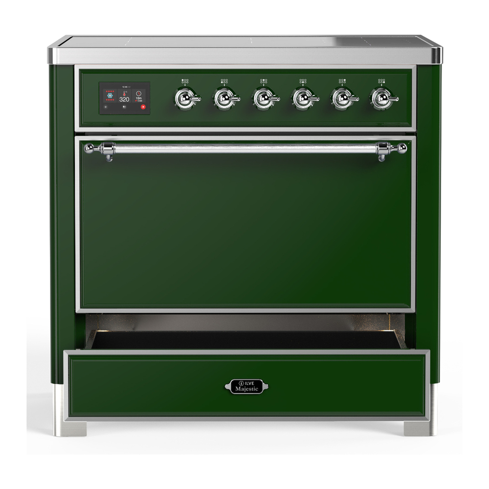 ILVE UMIB36QNR3EGC Majestic III 36 inch Induction Range with 6 Elements, 3.5 cu. ft. Total Oven Capacity (Solid Door, Emerald Green, Chrome) 3 ILVE-UMIB36QNR3EGC-Drawer Open View