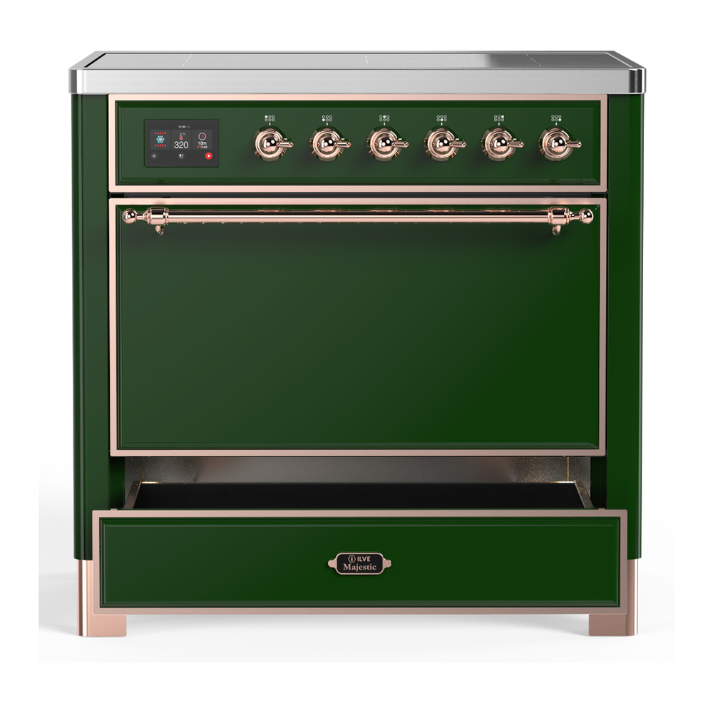 ILVE UMIB36QNR3EGP Majestic III 36 inch Induction Range with 6 Elements, 3.5 cu. ft. Total Oven Capacity (Solid Door, Emerald Green, Copper) 3 ILVE-UMIB36QNR3EGP-Drawer Open View