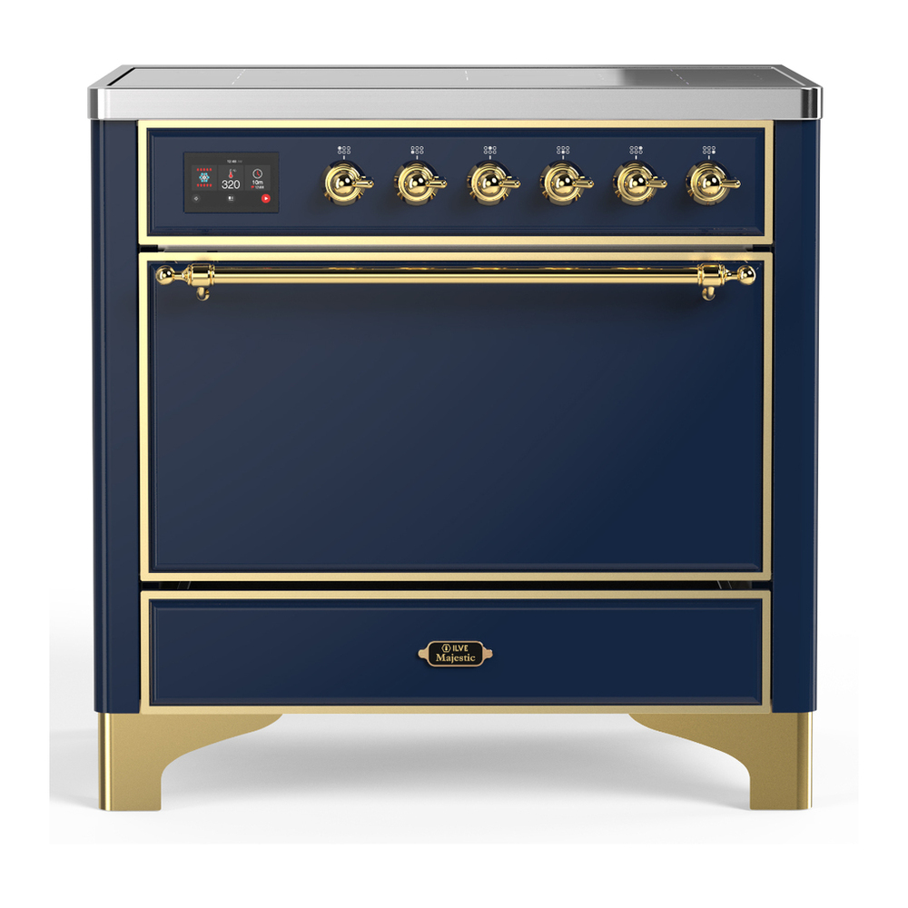 ILVE UMIB36QNR3MBG Majestic III 36 inch Induction Range with 6 Elements, 3.5 cu. ft. Total Oven Capacity (Solid Door, Midnight Blue, Brass) 1 UMIB36QNR3MBG