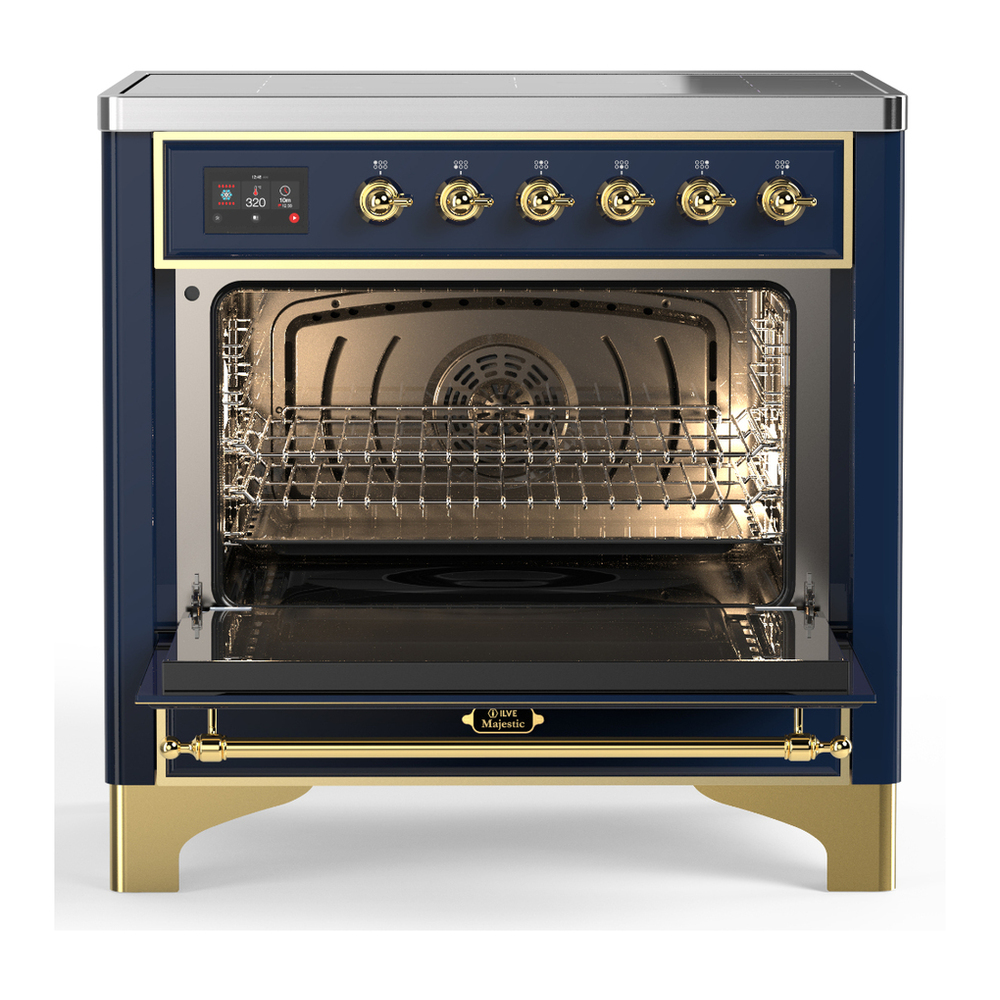 ILVE UMIB36QNR3MBG Majestic III 36 inch Induction Range with 6 Elements, 3.5 cu. ft. Total Oven Capacity (Solid Door, Midnight Blue, Brass) 2 ILVE-UMIB36QNR3MBG-Open Door View
