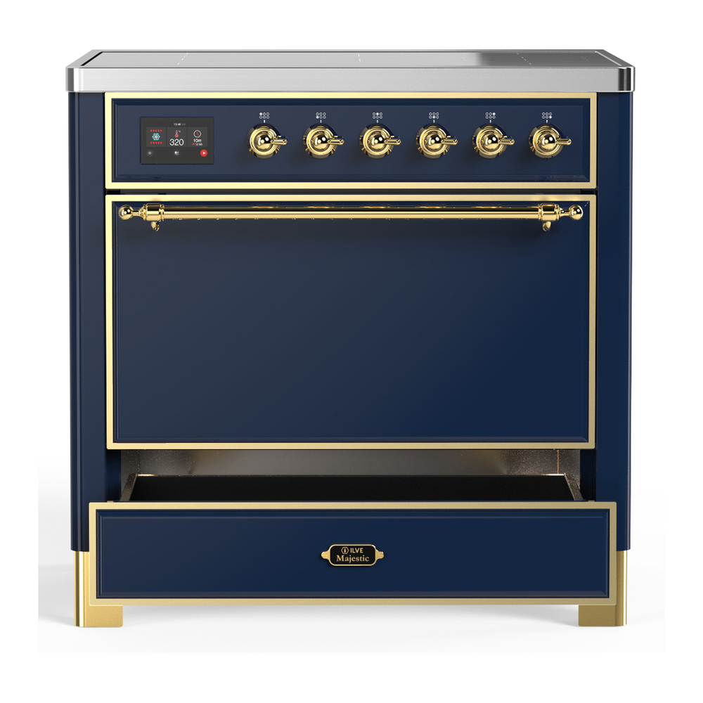 ILVE UMIB36QNR3MBG Majestic III 36 inch Induction Range with 6 Elements, 3.5 cu. ft. Total Oven Capacity (Solid Door, Midnight Blue, Brass) 3 ILVE-UMIB36QNR3MBG-Drawer Open View