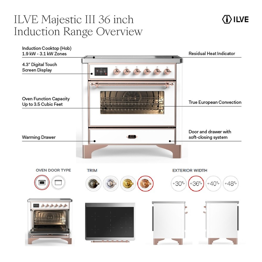 ILVE UMIB36QNR3MBP Majestic III 36 inch Induction Range with 6 Elements, 3.5 cu. ft. Total Oven Capacity (Solid Door, Midnight Blue, Copper) 2 ILVE UMIB36N Majestic III 36 inch Induction Range with 6 Elements, 3.5 cu. ft. Total Oven Capacity