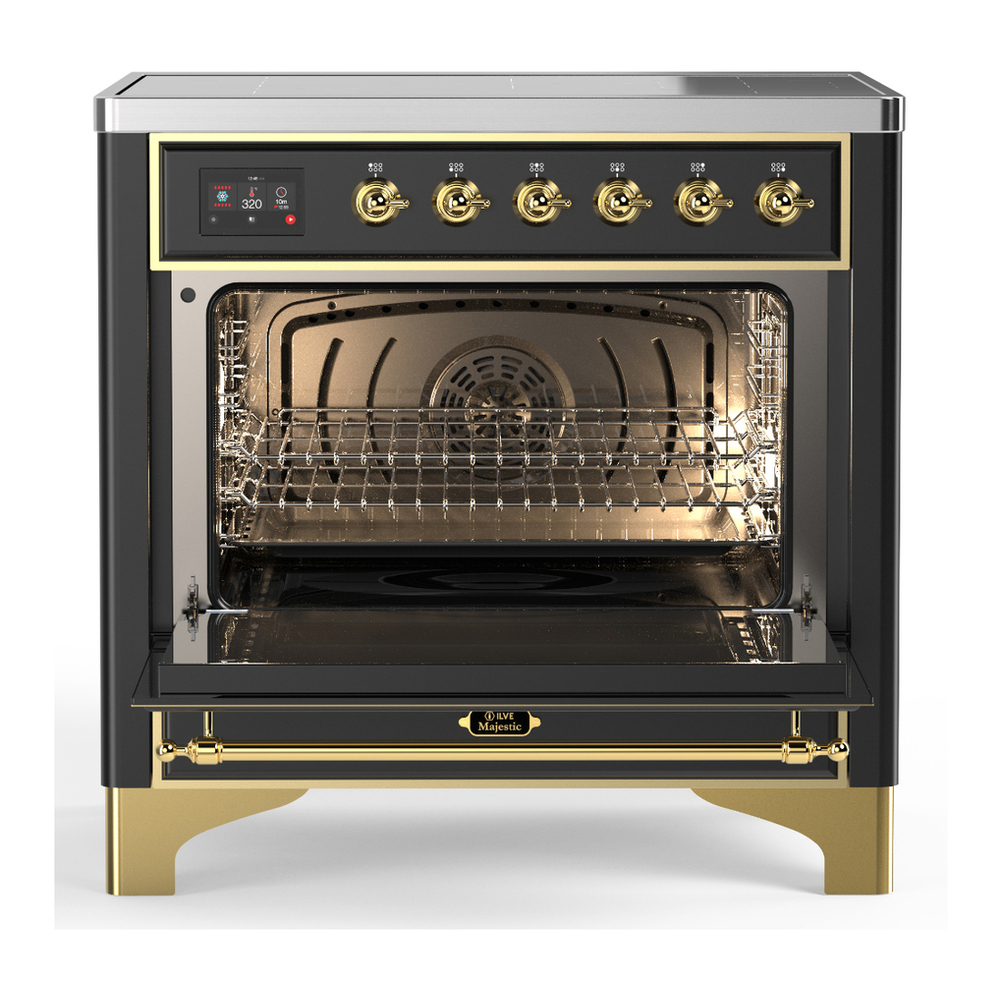 ILVE UMIB36QNR3MGG Majestic III 36 inch Induction Range with 6 Elements, 3.5 cu. ft. Total Oven Capacity (Solid Door, Graphite Matte, Brass) 2 ILVE-UMIB36QNR3MGG-Open Door View