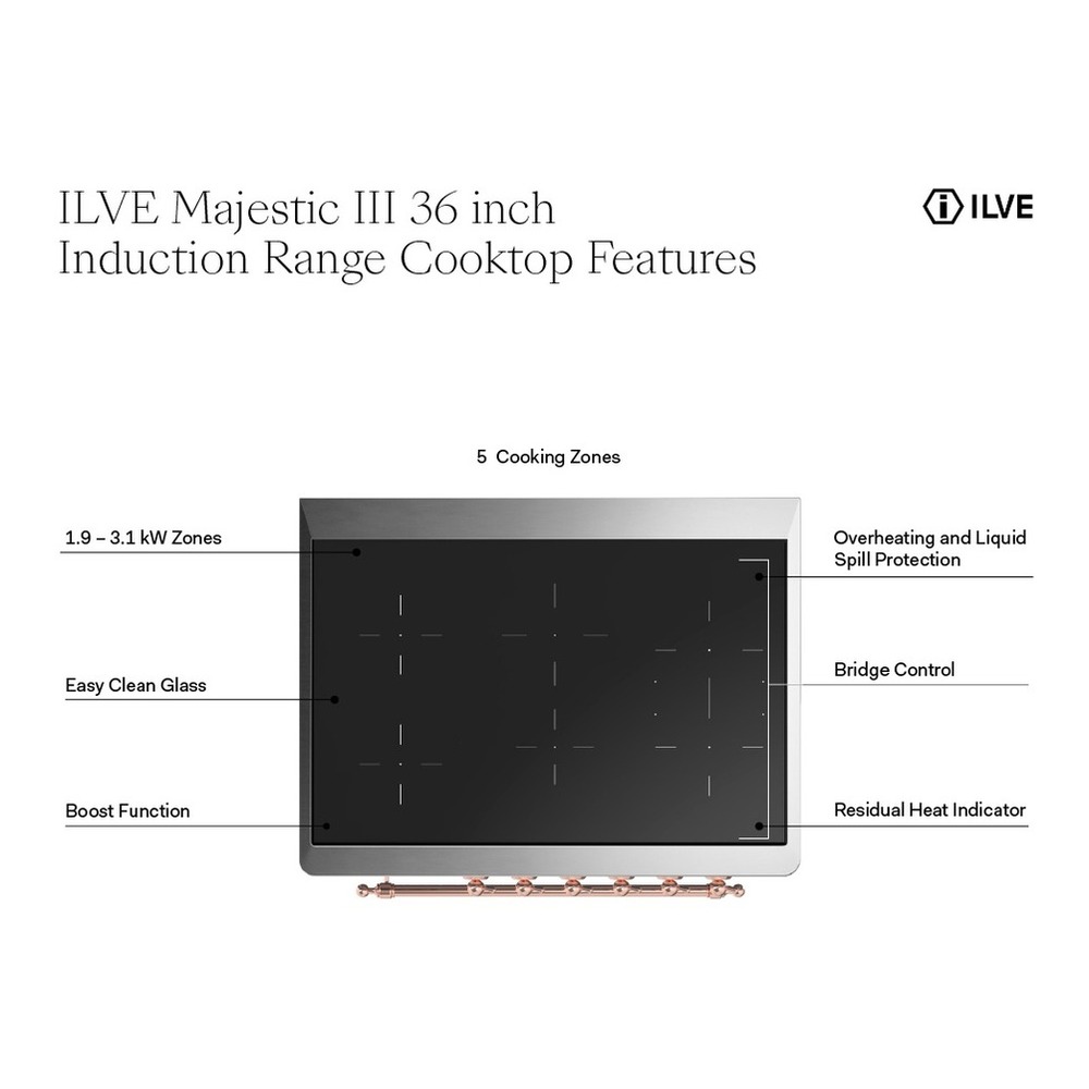 ILVE UMIB36QNR3SSB Majestic III 36 inch Induction Range with 6 Elements, 3.5 cu. ft. Total Oven Capacity (Solid Door, Stainless Steel, Burnished) 4 ILVE UMIB36N Majestic III 36 inch Induction Range with 6 Elements, 3.5 cu. ft. Total Oven Capacity