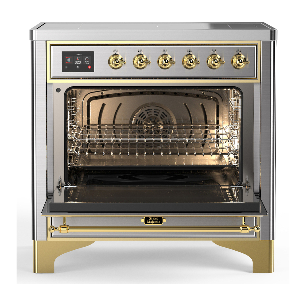 ILVE UMIB36QNR3SSG Majestic III 36 inch Induction Range with 6 Elements, 3.5 cu. ft. Total Oven Capacity (Solid Door, Stainless Steel, Brass) 2 ILVE-UMIB36QNR3SSG-Open Door View