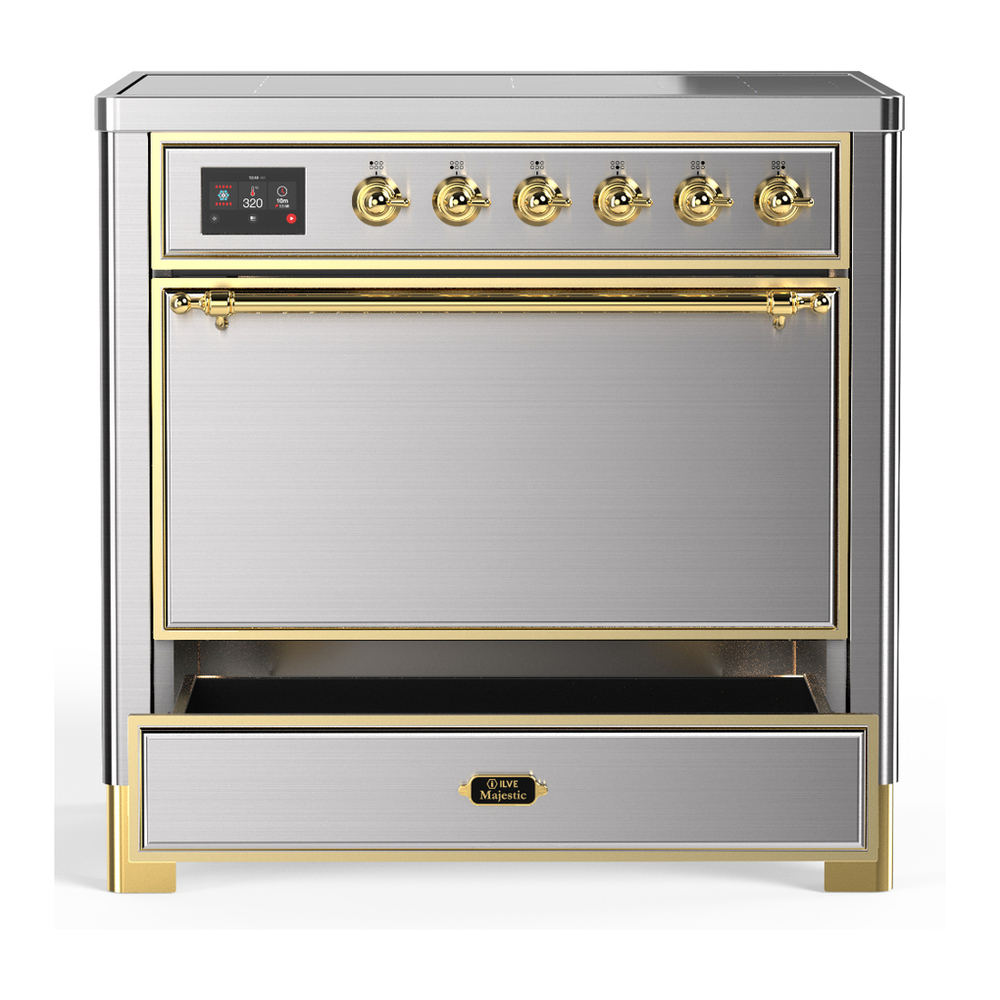 ILVE UMIB36QNR3SSG Majestic III 36 inch Induction Range with 6 Elements, 3.5 cu. ft. Total Oven Capacity (Solid Door, Stainless Steel, Brass) 3 ILVE-UMIB36QNR3SSG-Drawer Open View