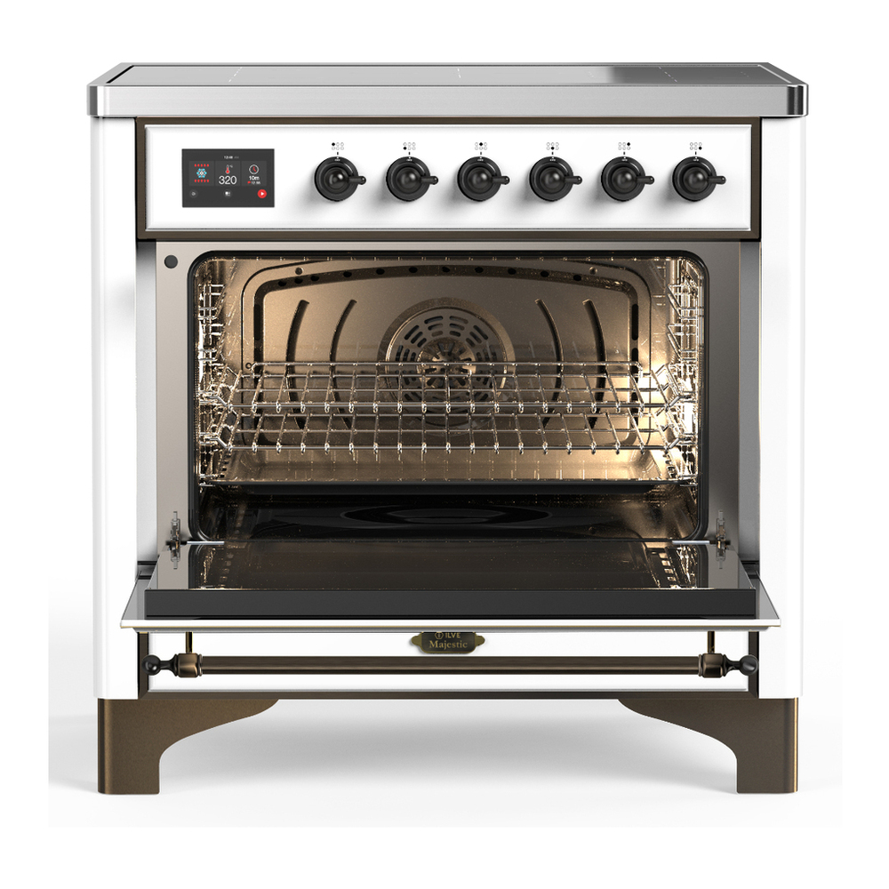 ILVE UMIB36QNR3WHB Majestic III 36 inch Induction Range with 6 Elements, 3.5 cu. ft. Total Oven Capacity (Solid Door, White, Burnished) 2 ILVE-UMIB36QNR3WHB-Open Door View