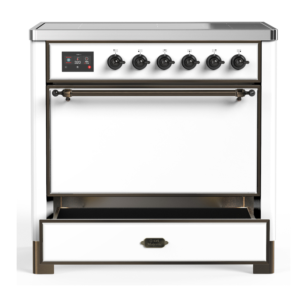 ILVE UMIB36QNR3WHB Majestic III 36 inch Induction Range with 6 Elements, 3.5 cu. ft. Total Oven Capacity (Solid Door, White, Burnished) 3 ILVE-UMIB36QNR3WHB-Drawer Open View